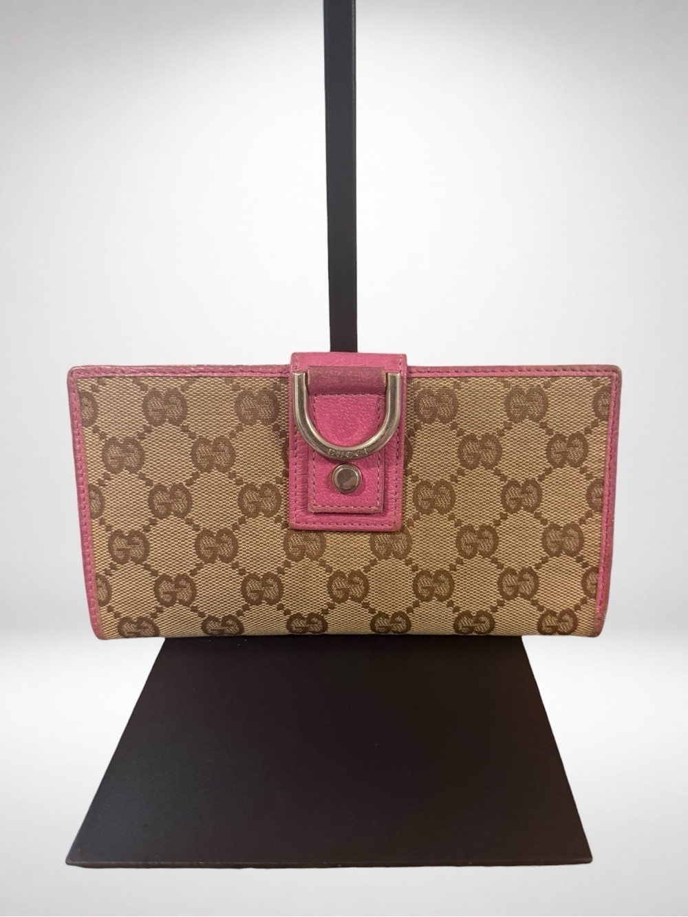 Gucci Abbey D-Ring Long Wallet Beige GG Canvas Fuchsia Leather Continental Y2K